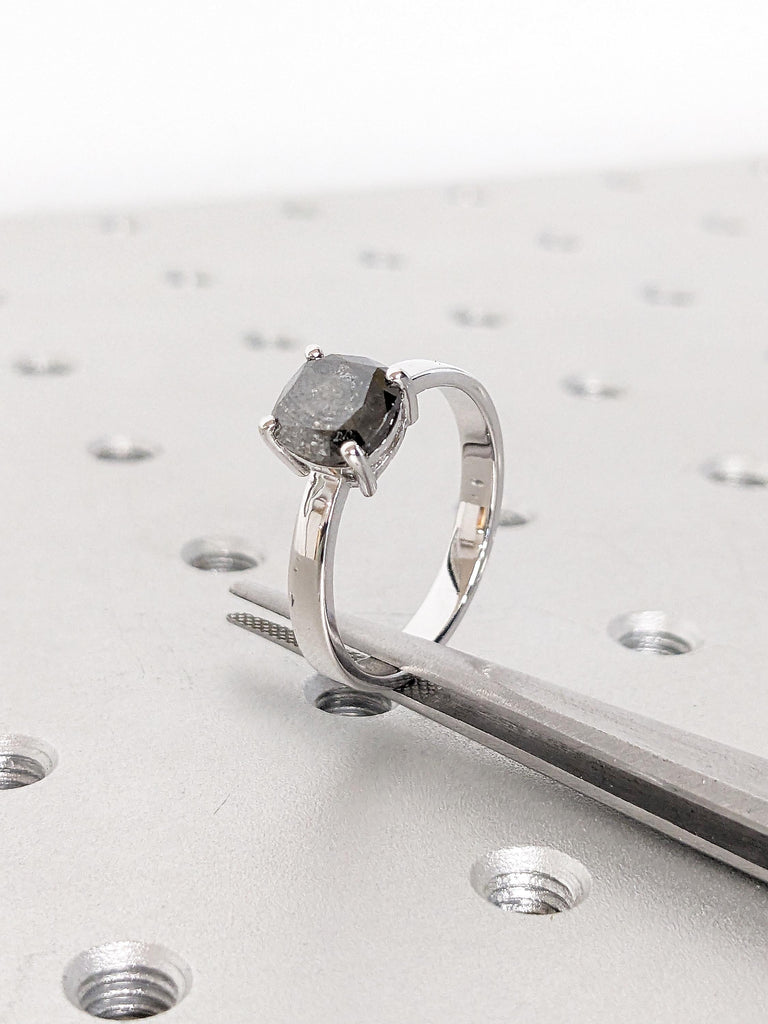 Cushion Cut Salt and Pepper Diamond Ring, 14k Gold Engagement Ring, Unique Minimalist Ring, Anniversary Ring for Women, Promise Ring for Her