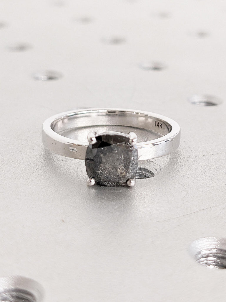 Cushion Cut Salt and Pepper Diamond Ring, 14k Gold Engagement Ring, Unique Minimalist Ring, Anniversary Ring for Women, Promise Ring for Her
