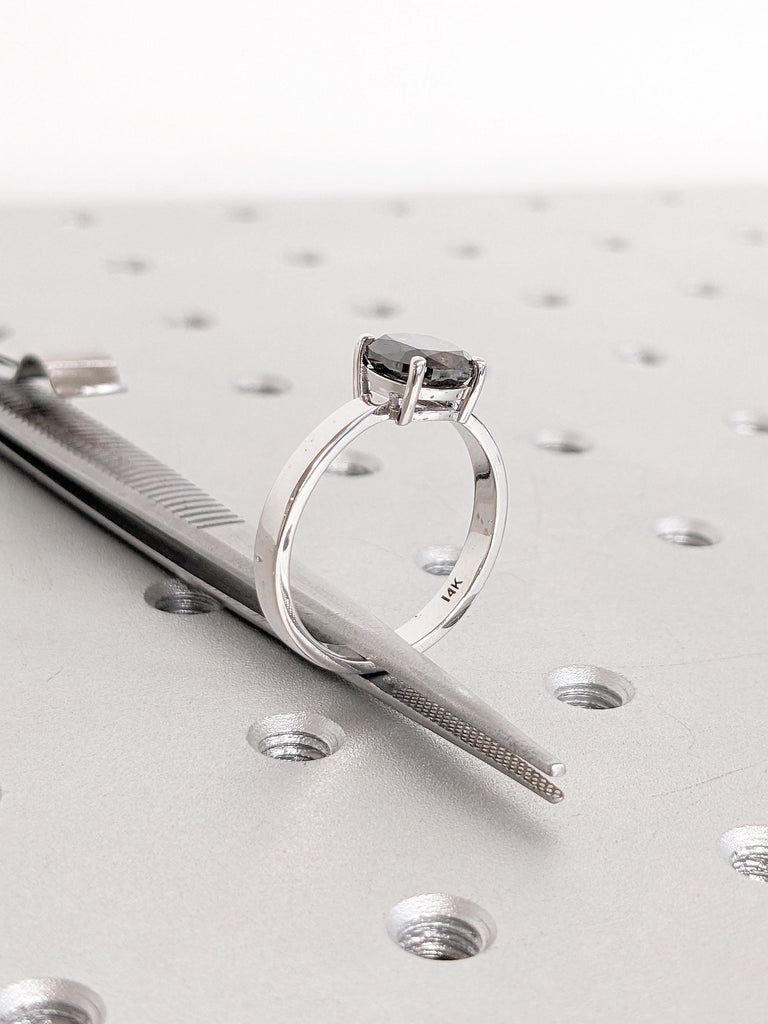 Cushion Cut Salt and Pepper Diamond Ring, 14k Gold Engagement Ring, Unique Minimalist Ring, Anniversary Ring for Women, Promise Ring for Her
