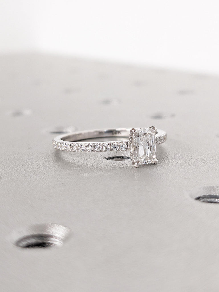 Radiant Cut Moissanite Engagement Ring, Dainty 14k White Gold Ring, Diamond Eternity Band, Hidden Halo Moissanite Rings, Unique Bridal Gift