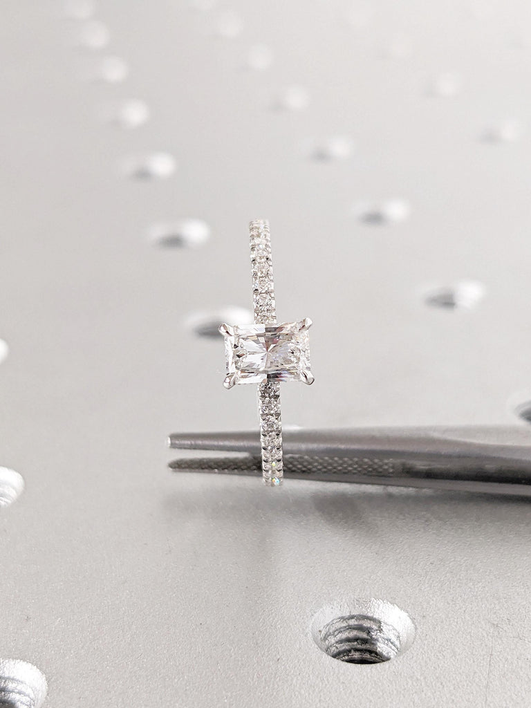 Radiant Cut Moissanite Engagement Ring, Dainty 14k White Gold Ring, Diamond Eternity Band, Hidden Halo Moissanite Rings, Unique Bridal Gift