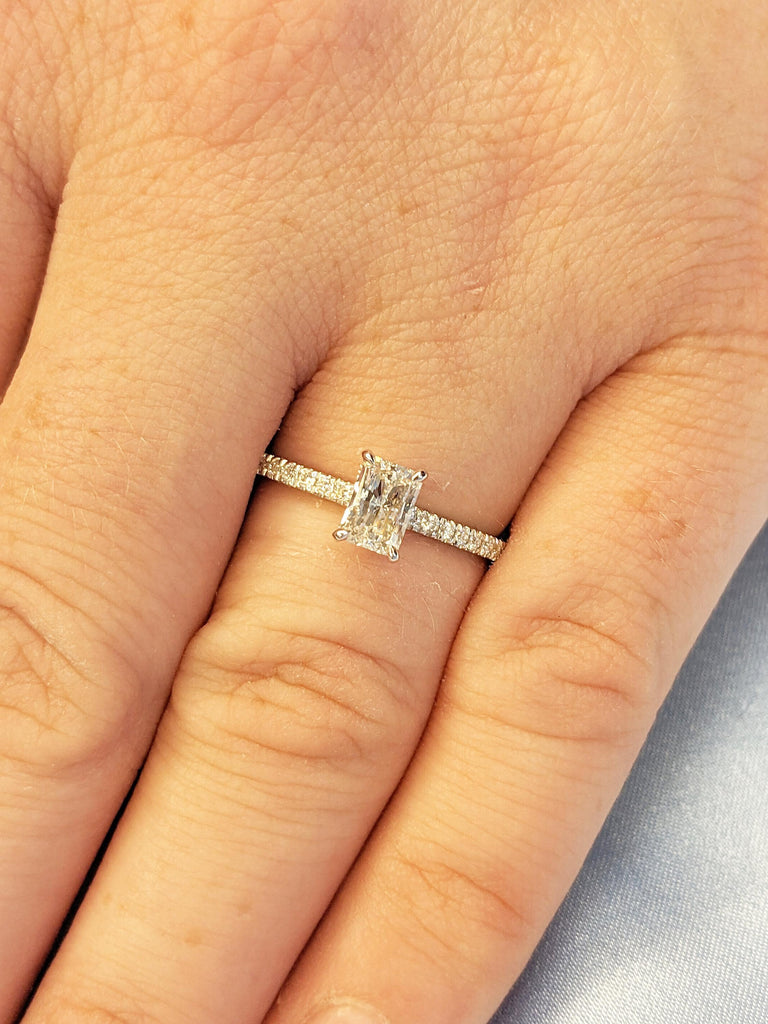 Radiant Cut Moissanite Engagement Ring, Dainty 14k White Gold Ring, Diamond Eternity Band, Hidden Halo Moissanite Rings, Unique Bridal Gift