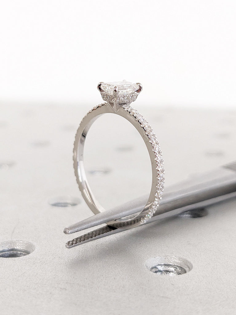 Radiant Cut Moissanite Engagement Ring, Dainty 14k White Gold Ring, Diamond Eternity Band, Hidden Halo Moissanite Rings, Unique Bridal Gift