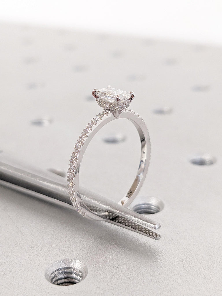 Radiant Cut Moissanite Engagement Ring, Dainty 14k White Gold Ring, Diamond Eternity Band, Hidden Halo Moissanite Rings, Unique Bridal Gift