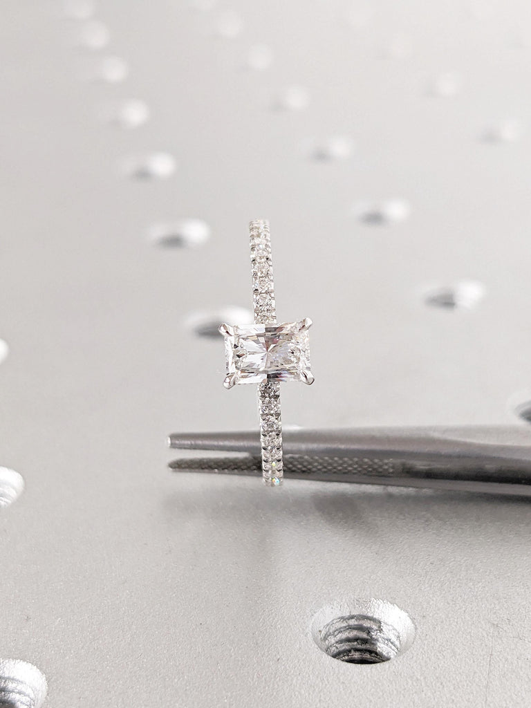 Lab Grown Diamond Ring, Radiant Cut Engagement Ring, Dainty White Gold Ring, Diamond Eternity Ring, Hidden Halo Lab Diamond Ring for Women