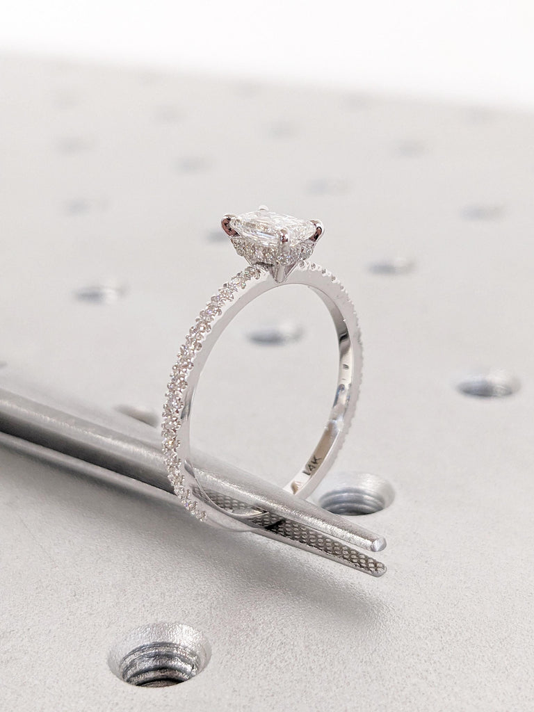 Lab Grown Diamond Ring, Radiant Cut Engagement Ring, Dainty White Gold Ring, Diamond Eternity Ring, Hidden Halo Lab Diamond Ring for Women