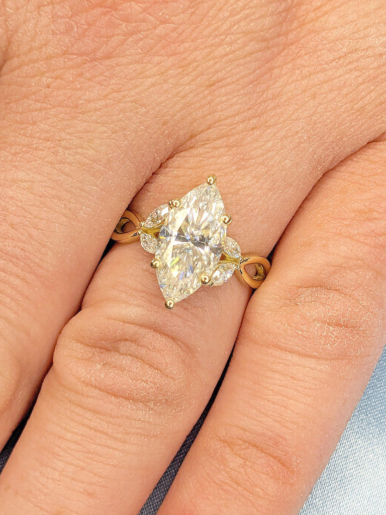 14k Solid Gold Vine Ring Women, 2ct Lab Made Diamond Rings, Marquise Ring, Minimalist Leaf Wedding Band, Dainty Flower Stacking Ring, Thin Floral Band, Nature Inspired Rings