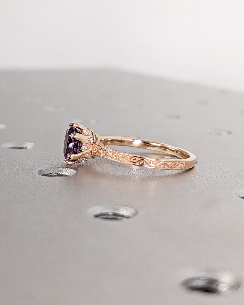 Blue Purple Alexandrite Vintage Engagement Ring | 14K 18K Rose Gold Diamond Hidden Halo Ring | Unique Proposal Ring | Wedding Ring for Her