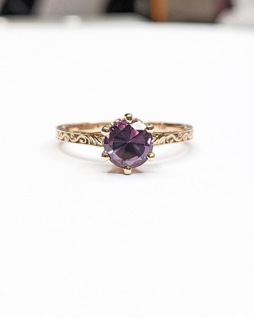 Round Alexandrite Solitaire Engagement Ring | Antique Rose Gold Diamond Hidden Halo Ring | Promise Ring for Her | Handmade Filigree Ring