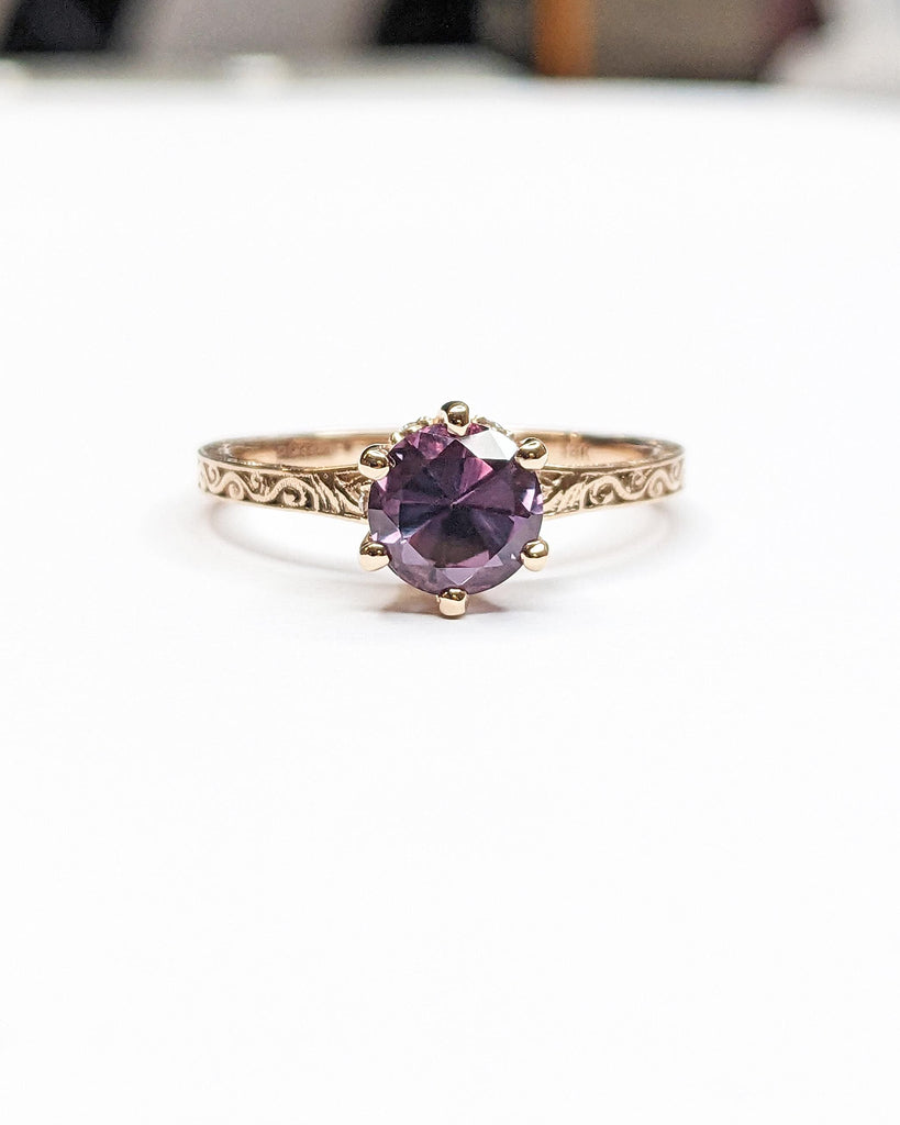 Blue Purple Alexandrite Vintage Engagement Ring | 14K 18K Rose Gold Diamond Hidden Halo Ring | Unique Proposal Ring | Wedding Ring for Her