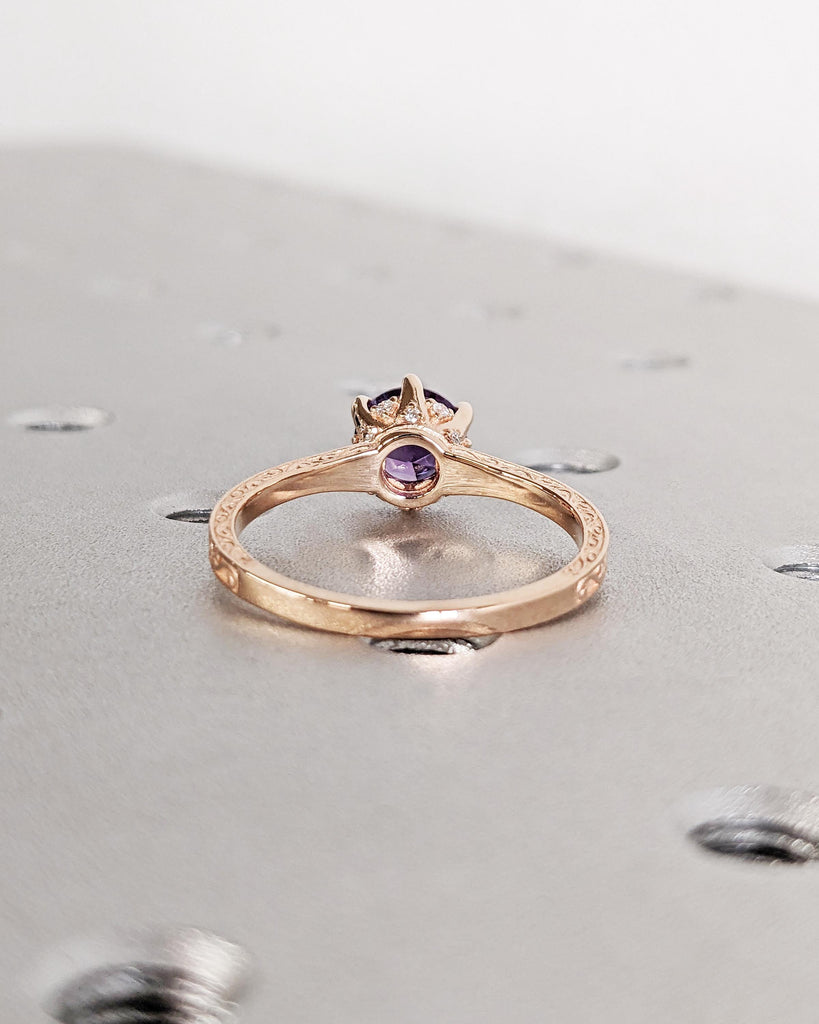 Blue Purple Alexandrite Vintage Engagement Ring | 14K 18K Rose Gold Diamond Hidden Halo Ring | Unique Proposal Ring | Wedding Ring for Her