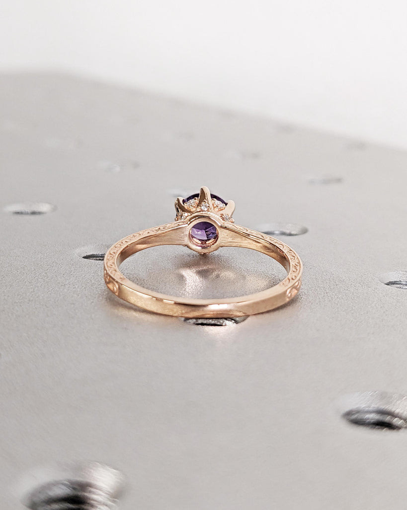 Round Alexandrite Solitaire Engagement Ring | Antique Rose Gold Diamond Hidden Halo Ring | Promise Ring for Her | Handmade Filigree Ring