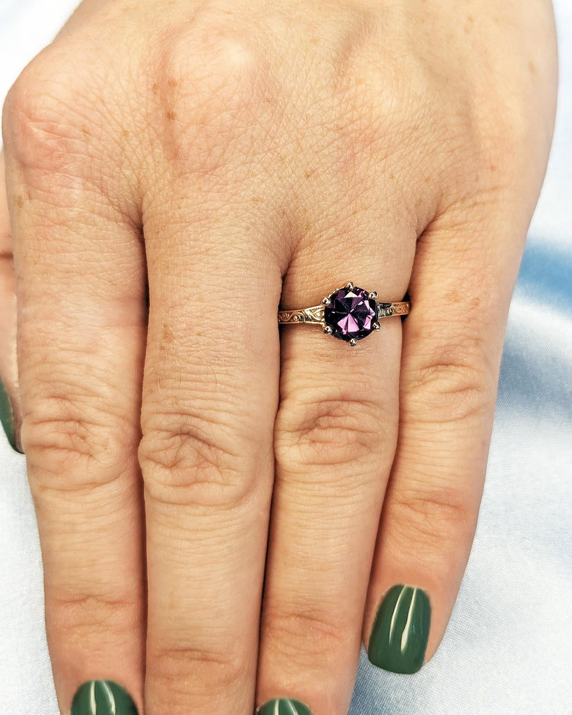 Blue Purple Alexandrite Vintage Engagement Ring | 14K 18K Rose Gold Diamond Hidden Halo Ring | Unique Proposal Ring | Wedding Ring for Her