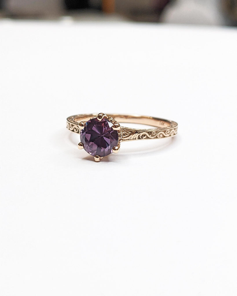 Blue Purple Alexandrite Vintage Engagement Ring | 14K 18K Rose Gold Diamond Hidden Halo Ring | Unique Proposal Ring | Wedding Ring for Her