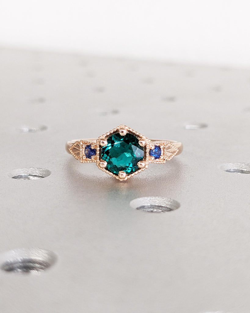 Emerald Ring Vintage Emerald Engagement Ring 14K Rose Gold Ring Unique Antique Wedding Promise Anniversary Ring For Her Birthstone Sapphire