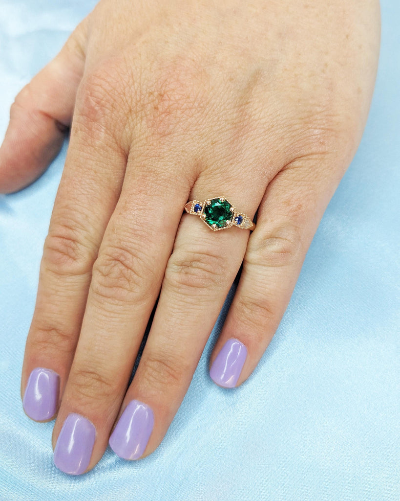Vintage Emerald Engagement Ring 14k Rose Gold Art Deco Wedding Ring Emerald and Blue Sapphire Vintage Filigree Ring Anniversary Promise Ring