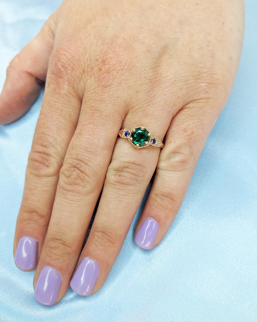 Emerald Ring Vintage Emerald Engagement Ring 14K Rose Gold Ring Unique Antique Wedding Promise Anniversary Ring For Her Birthstone Sapphire
