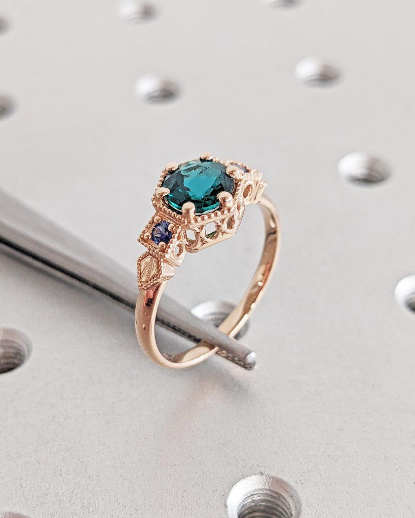 Emerald Ring Vintage Emerald Engagement Ring 14K Rose Gold Ring Unique Antique Wedding Promise Anniversary Ring For Her Birthstone Sapphire