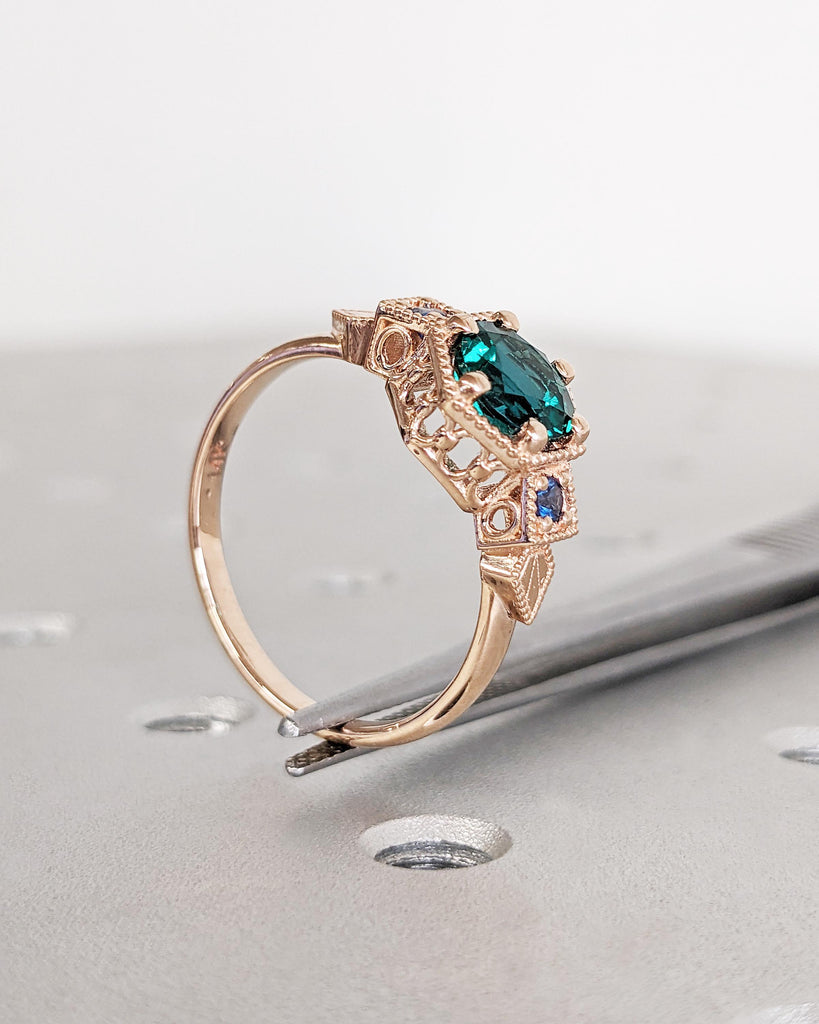 Emerald Ring Vintage Emerald Engagement Ring 14K Rose Gold Ring Unique Antique Wedding Promise Anniversary Ring For Her Birthstone Sapphire