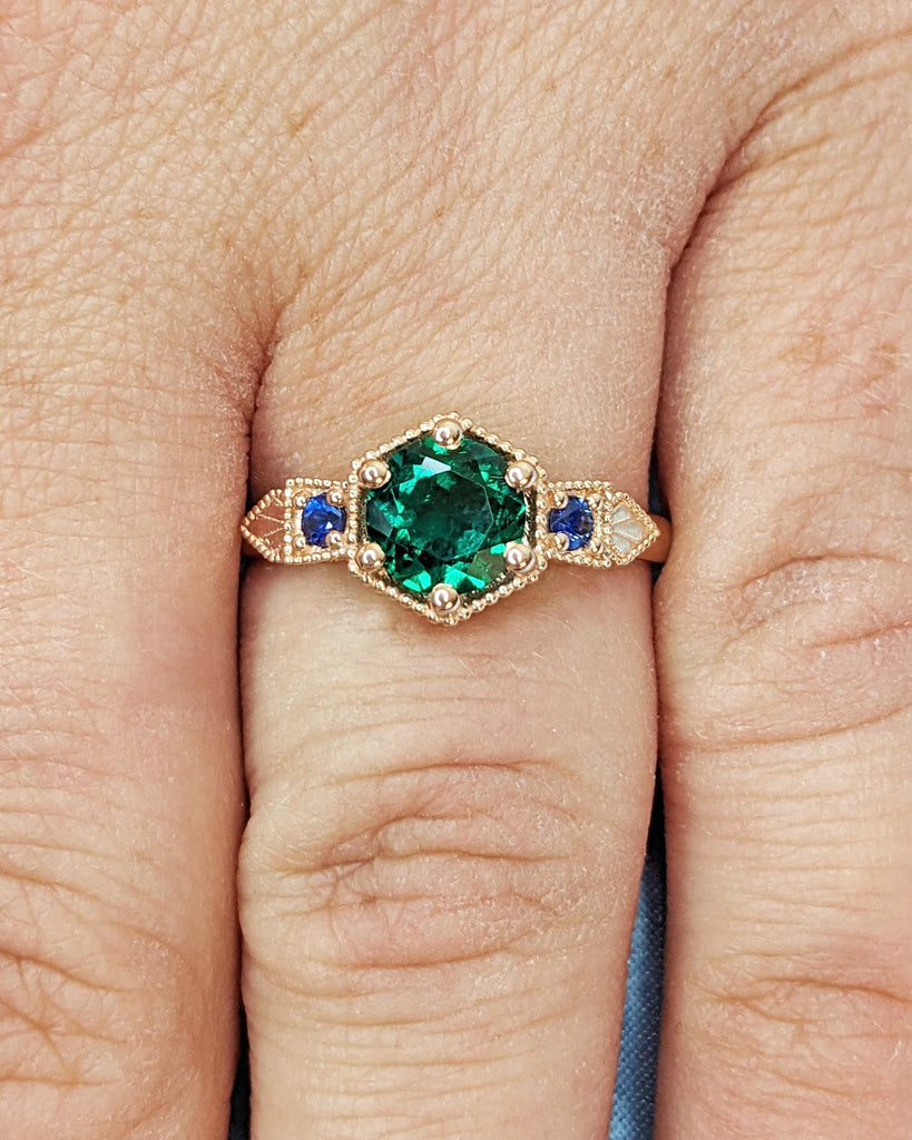 Emerald Ring Vintage Emerald Engagement Ring 14K Rose Gold Ring Unique Antique Wedding Promise Anniversary Ring For Her Birthstone Sapphire
