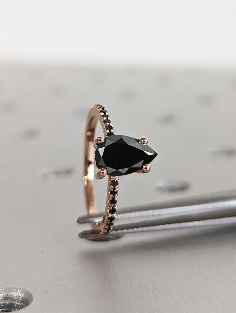 Black Diamond Engagement Rings for Women | 14k Rose Gold Black Diamond Eternity Band | Dainty Diamond Ring | Solid Gold Thin Ring | Pear cut
