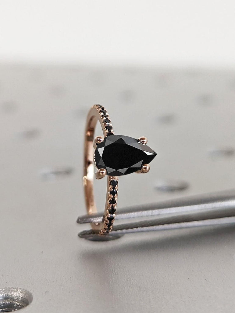 Black Diamond Engagement Rings for Women | 14k Rose Gold Black Diamond Eternity Band | Dainty Diamond Ring | Solid Gold Thin Ring | Pear cut