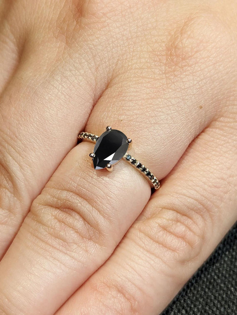 Pear cut Black Diamond Engagement Rings | 1 Carat Engagement Rings for Women | Real Gold Rings for Women | White Yellow Rose