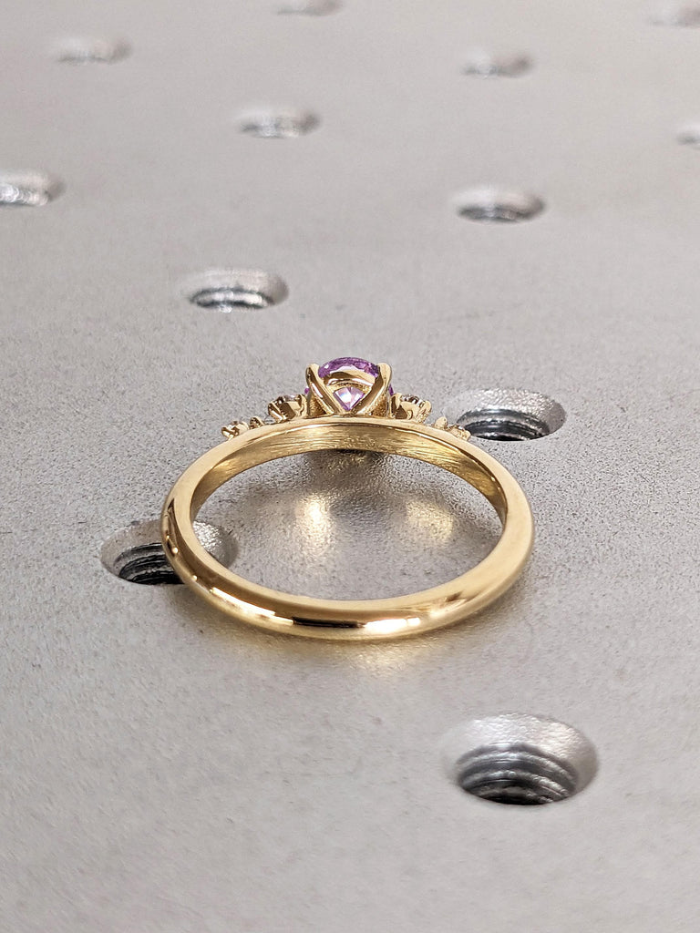18K Yellow Gold Alexandrite Ring | June Birthstone Jewelry Engagement Band | Purple Gemstone and Diamond Ring, Round Alexandrite Dainty Ring
