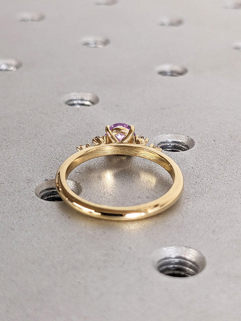 18K Yellow Gold Alexandrite Ring | June Birthstone Jewelry Engagement Band | Purple Gemstone and Diamond Ring, Round Alexandrite Dainty Ring image #8