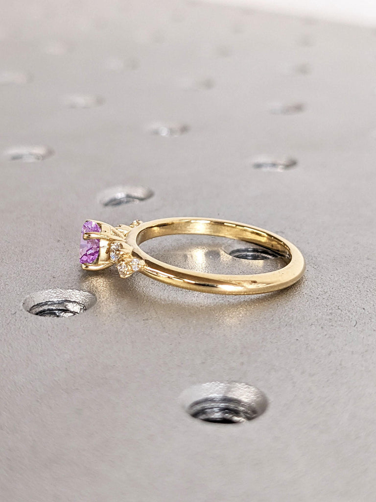 18K Yellow Gold Alexandrite Ring | June Birthstone Jewelry Engagement Band | Purple Gemstone and Diamond Ring, Round Alexandrite Dainty Ring