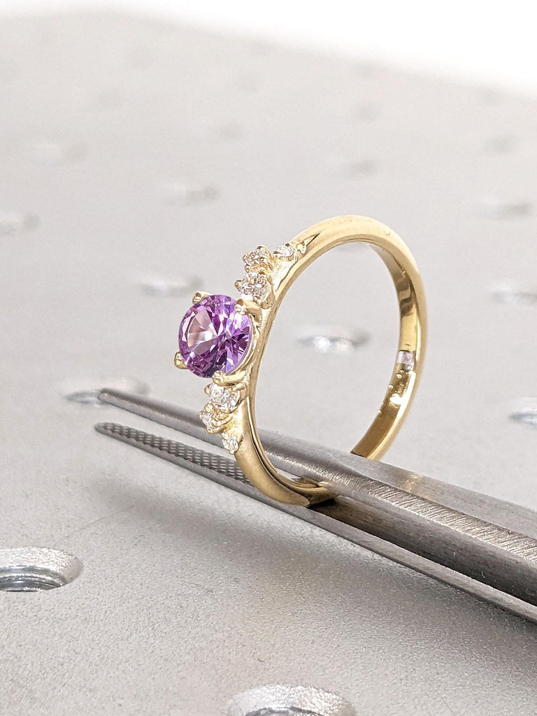 Round cut Alexandrite Engagement Ring | Art Deco Promise Anniversary Ring for Her | Unique Wedding Ring | Thin Gold Ring