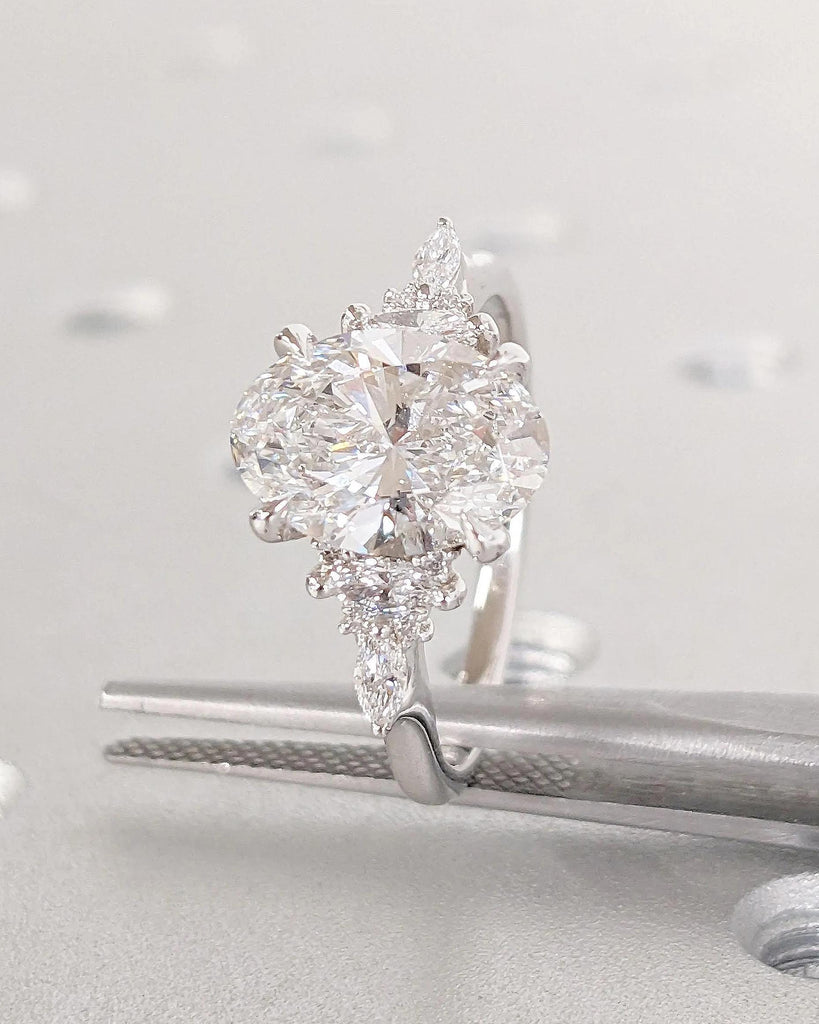 Oval Cut Moissanite Cluster Engagement Ring - 14K Solid Gold Oval Cluster Ring - Art Deco Cluster Promise Ring - Vintage Style Cocktail Ring