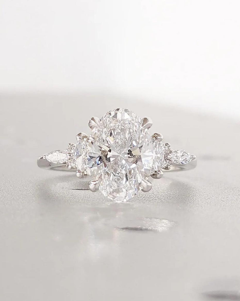 Art Deco Moissanite Cluster Engagement Ring | 14K Solid Gold Oval Cluster Ring | Round Marquise Cluster Moissanite and Diamond Ring for Her