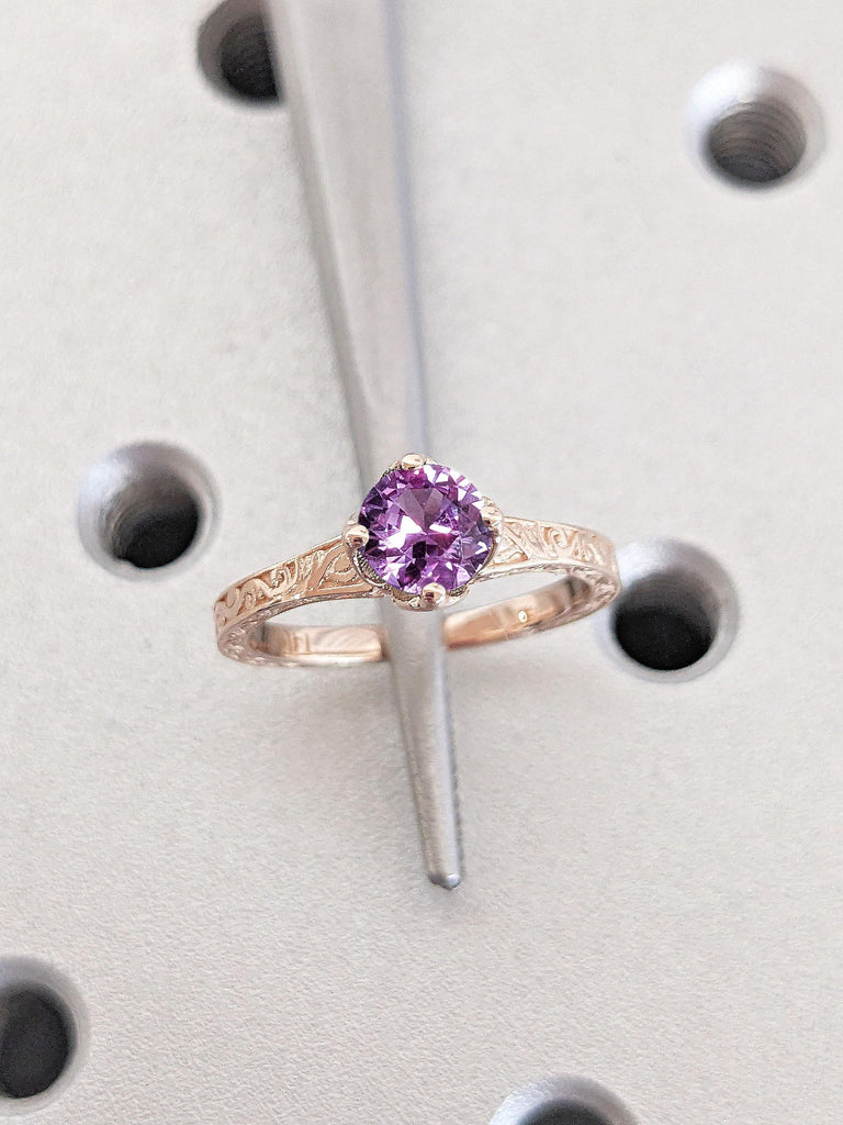 Vintage Tulip Engagement Ring | Round Alexandrite Solitaire | 14k Rose Gold Rings for Women | Flower Basket Setting Engagement Filigree Ring