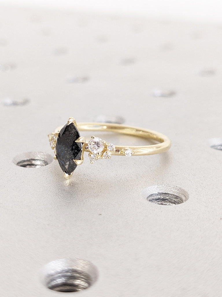 Unique Marquise Ring, Salt and Pepper Diamond Engagement Ring, Dainty 14k Gold Snowdrift Ring, Moissanite Cluster Ring, Diamond Wedding Ring