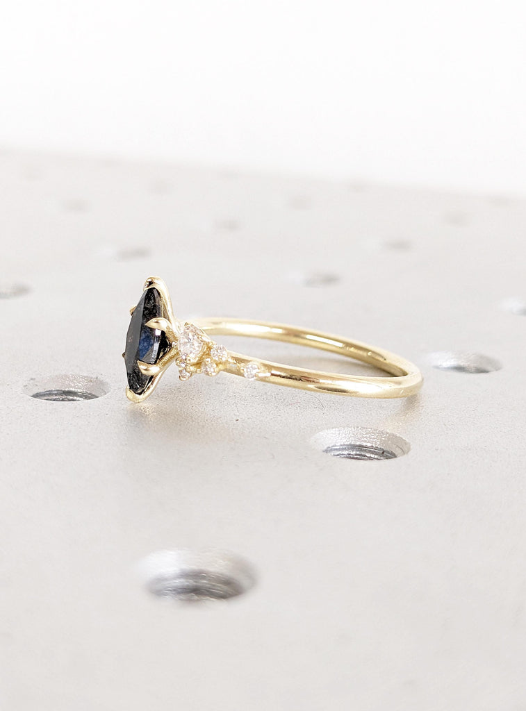 Unique Marquise Ring, Salt and Pepper Diamond Engagement Ring, Dainty 14k Gold Snowdrift Ring, Moissanite Cluster Ring, Diamond Wedding Ring