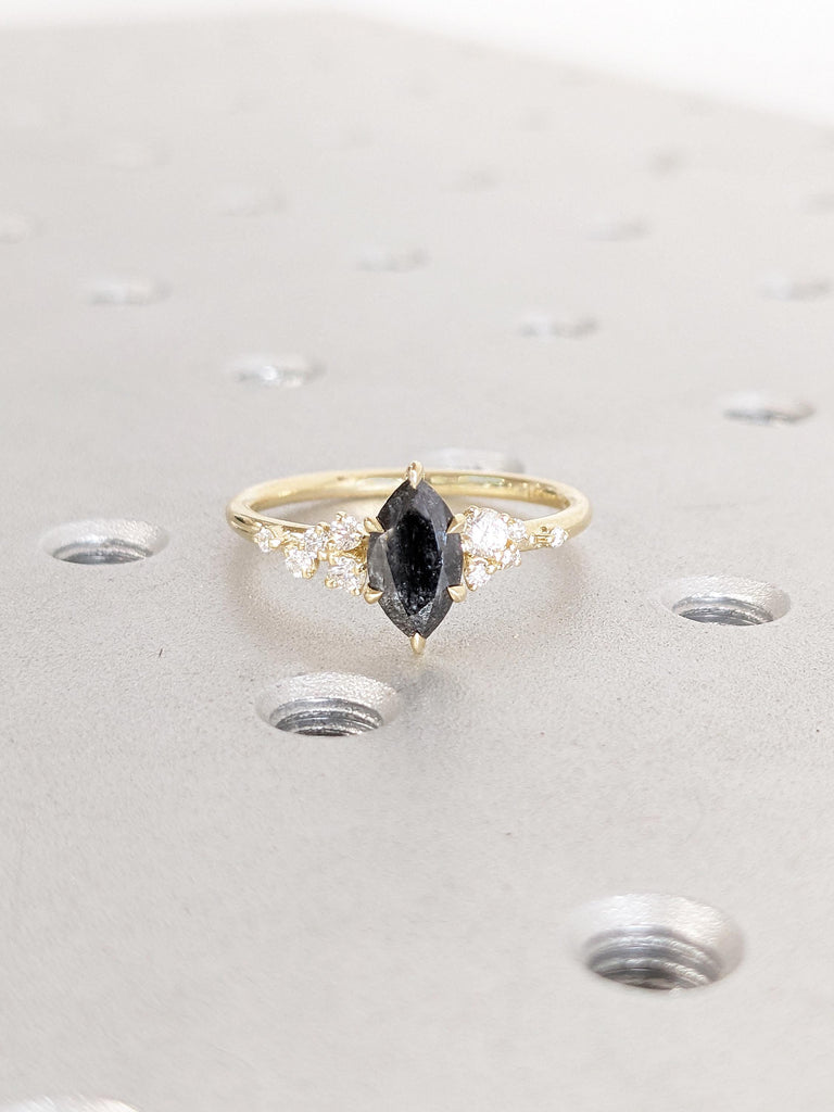 Unique Marquise Ring, Salt and Pepper Diamond Engagement Ring, Dainty 14k Gold Snowdrift Ring, Moissanite Cluster Ring, Diamond Wedding Ring