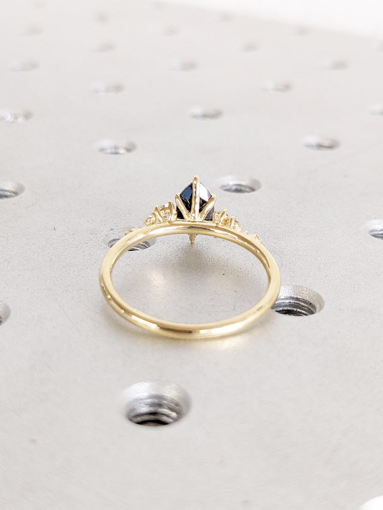 Marquise Cut Salt and Pepper Diamond Ring, Dainty 14k Solid Gold Ring, Vintage Snowdrift Diamond Cluster Ring, Art Deco Gold Engagement Ring