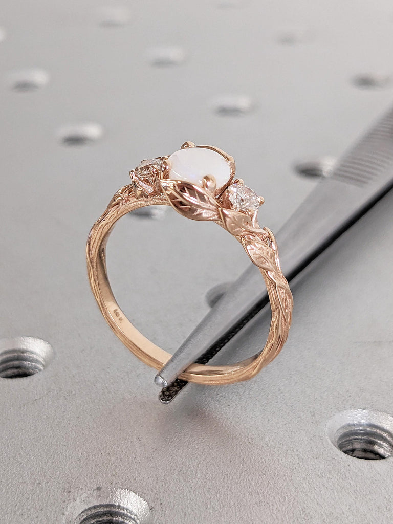Art Deco 18k Rose Gold Ring, Opal Rings for Women, Nature Inspired Opal Engagement Ring, Unique Wedding Ring, Birthstone Ring, Gift for Wife
