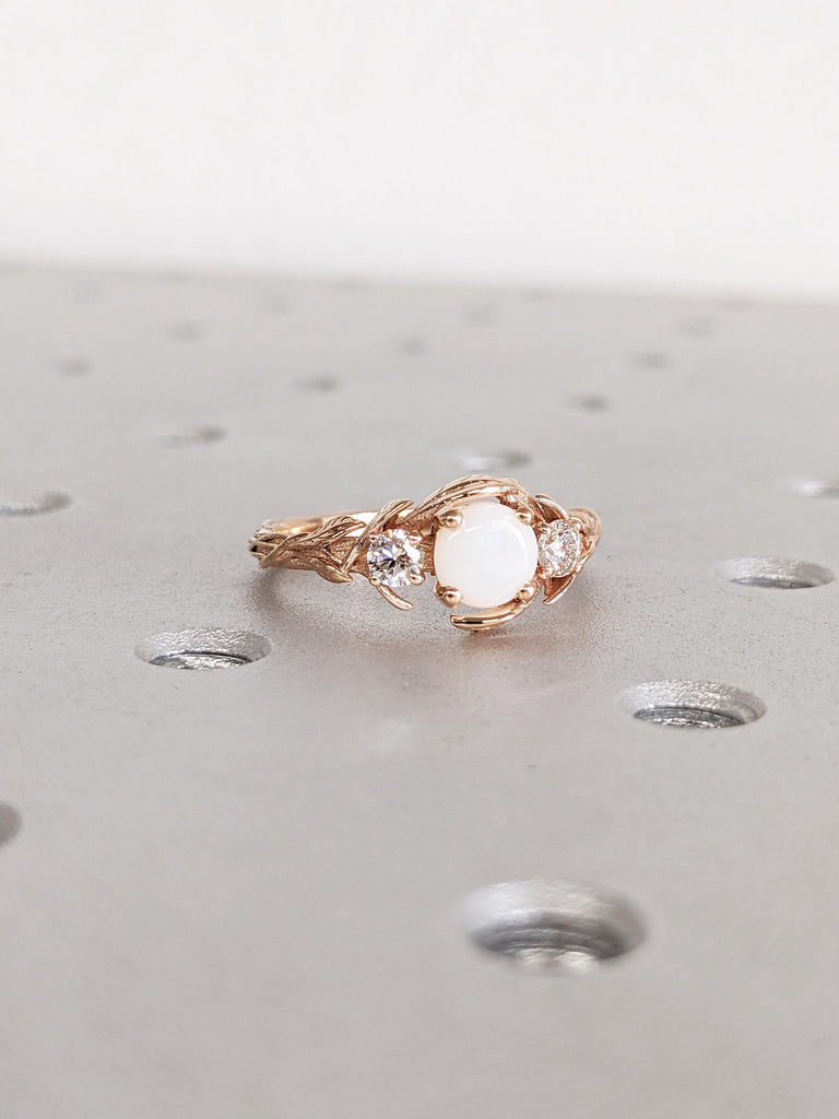 Art Deco 18k Rose Gold Ring, Opal Rings for Women, Nature Inspired Opal Engagement Ring, Unique Wedding Ring, Birthstone Ring, Gift for Wife