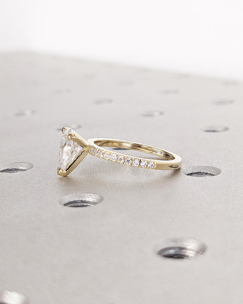 14K Solid Gold Moissanite Pear Ring for Women, Pave Set Side Moissanite Wedding Ring, 3-Prong, Pear Moissanite Solitaire Ring, Promise Ring