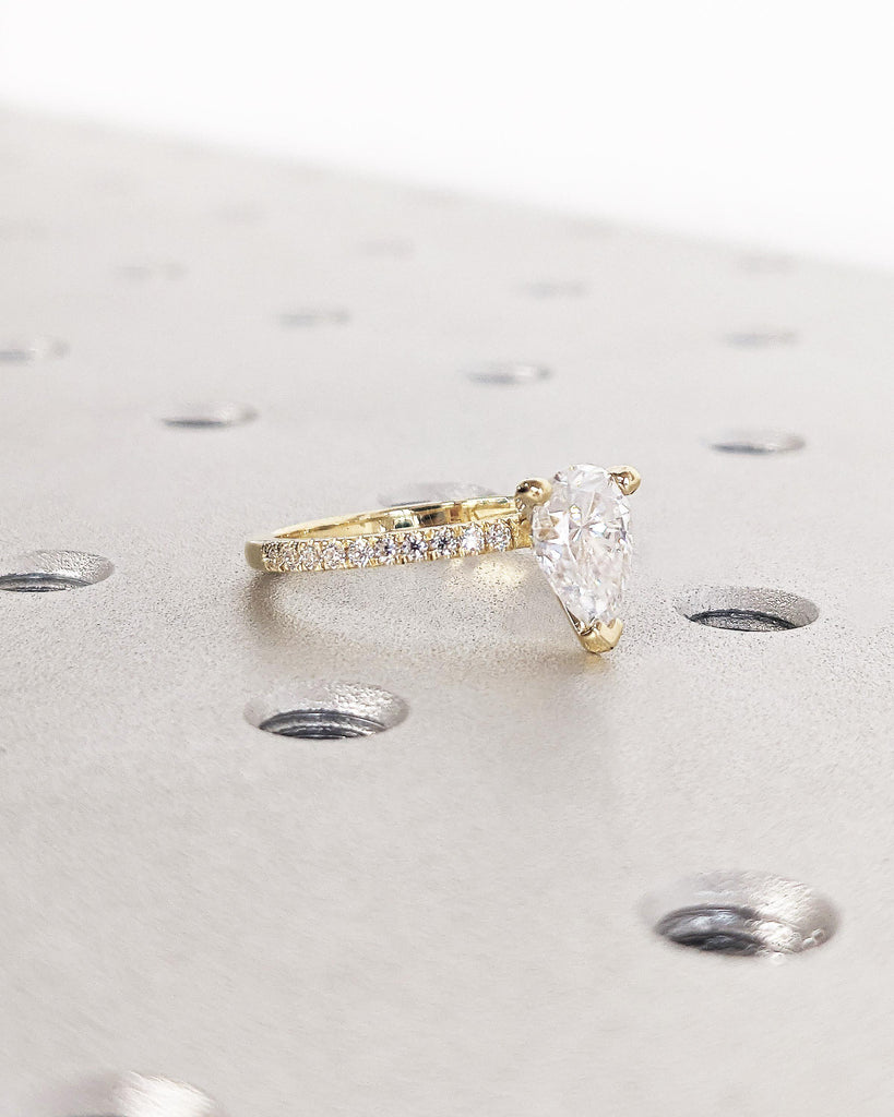 14K Solid Gold Moissanite Pear Ring for Women, Pave Set Side Moissanite Wedding Ring, 3-Prong, Pear Moissanite Solitaire Ring, Promise Ring