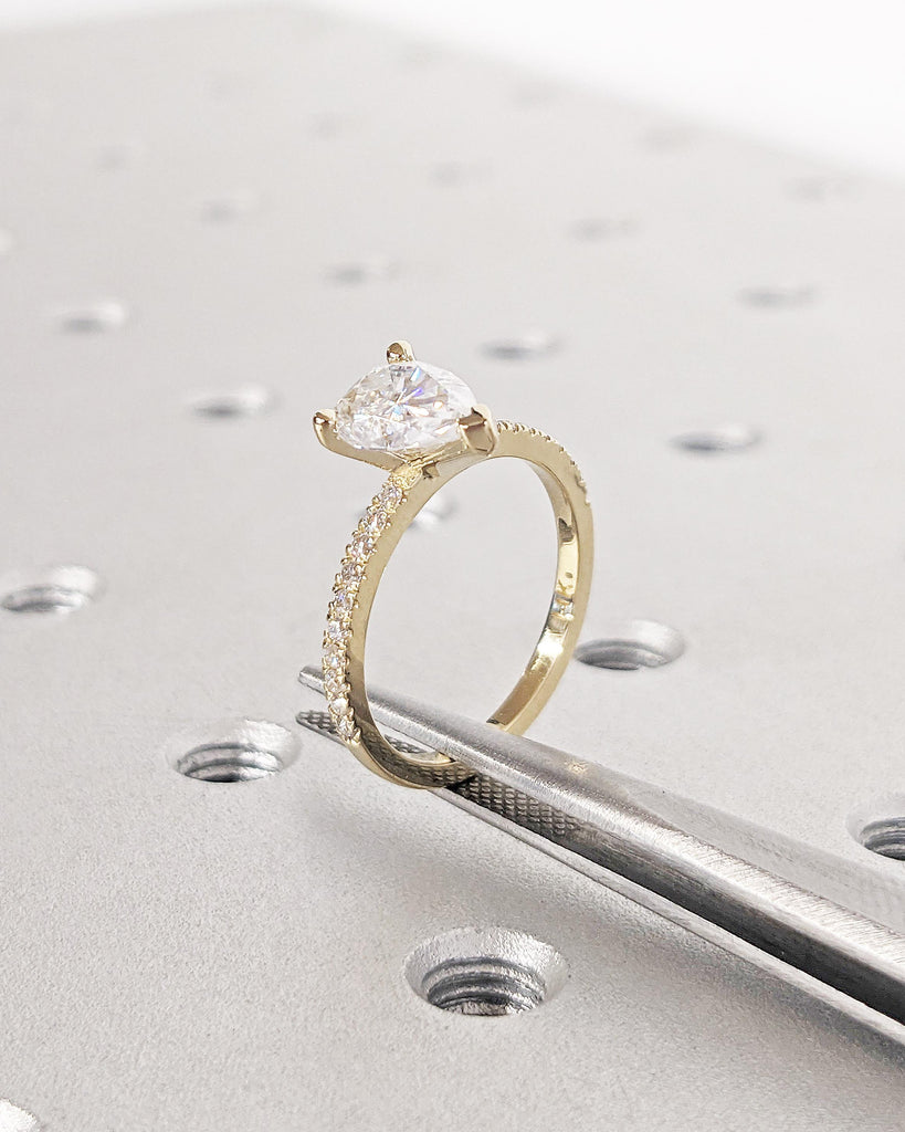 14K Solid Gold Moissanite Pear Ring for Women, Pave Set Side Moissanite Wedding Ring, 3-Prong, Pear Moissanite Solitaire Ring, Promise Ring