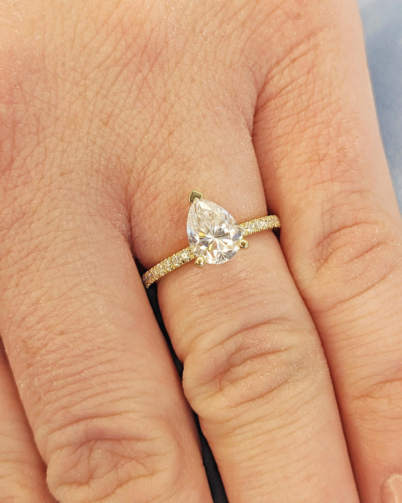 14K Solid Gold Moissanite Pear Ring for Women, Pave Set Side Moissanite Wedding Ring, 3-Prong, Pear Moissanite Solitaire Ring, Promise Ring