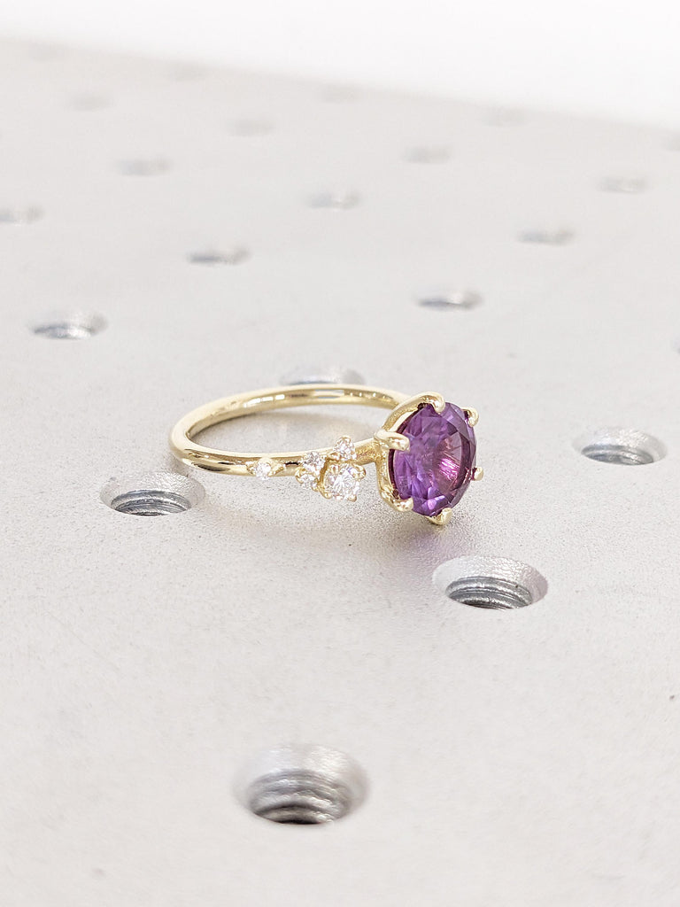 14k Gold Lab Alexandrite Ring | Snowdrift Moissanite or Diamond Cluster Engagement Rings for Women | Vintage Anniversary Ring | Gift for Mom