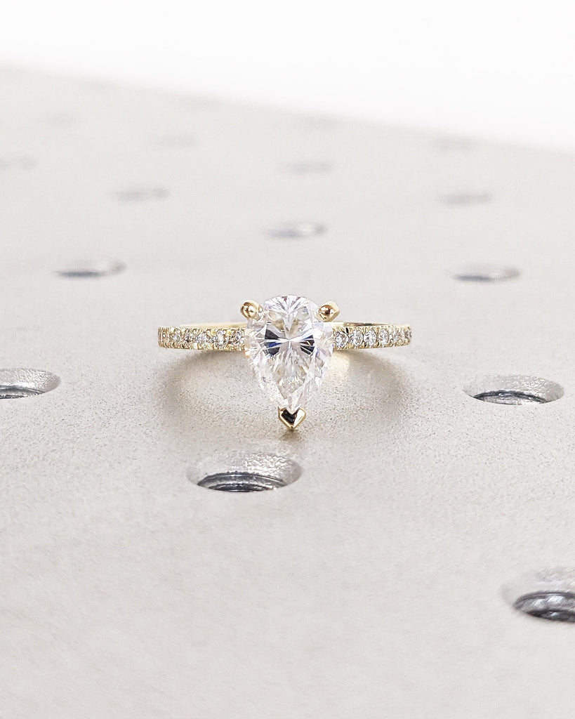 14K Solid Gold Moissanite Pear Ring for Women, Pave Set Side Moissanite Wedding Ring, 3-Prong, Pear Moissanite Solitaire Ring, Promise Ring