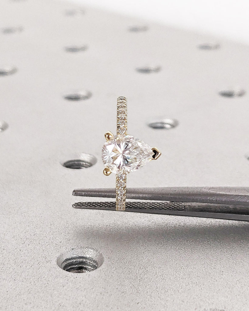 14K Solid Gold Moissanite Pear Ring for Women, Pave Set Side Moissanite Wedding Ring, 3-Prong, Pear Moissanite Solitaire Ring, Promise Ring
