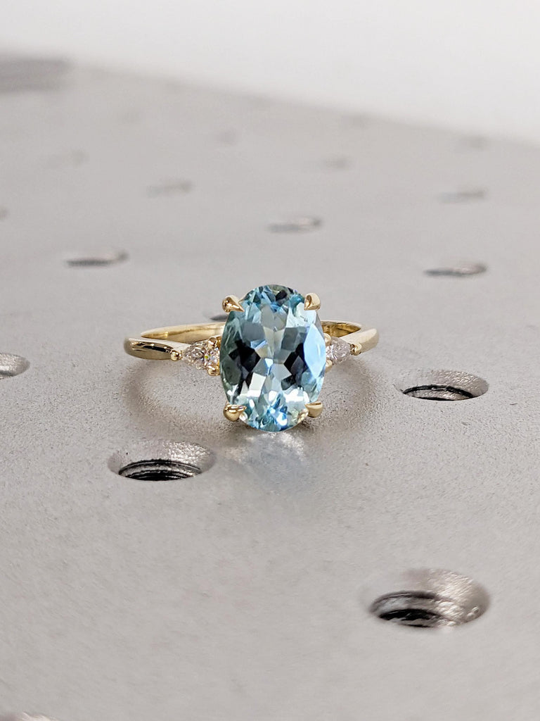 Oval Aquamarine Ring, Dainty Solid Gold Anniversary Ring, Art Deco Women Wedding Ring, Blue Gemstone Ring, Wedding Anniversary Gift for Wife