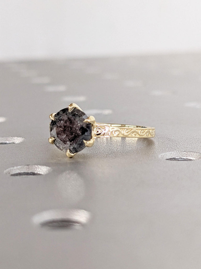 Vintage Engagement Ring | Round Natural Grey Diamond Rings for Women | Handmade Ring Filigree Wedding Ring | Promise Ring | Solitaire Ring