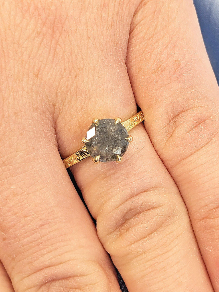 Vintage Engagement Ring | Round Natural Grey Diamond Rings for Women | Handmade Ring Filigree Wedding Ring | Promise Ring | Solitaire Ring